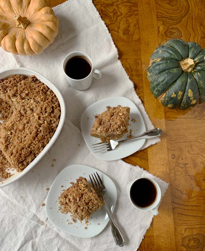 Pumpkins, apples, and walnuts combine to make this delicious fall harvest coffee cake.