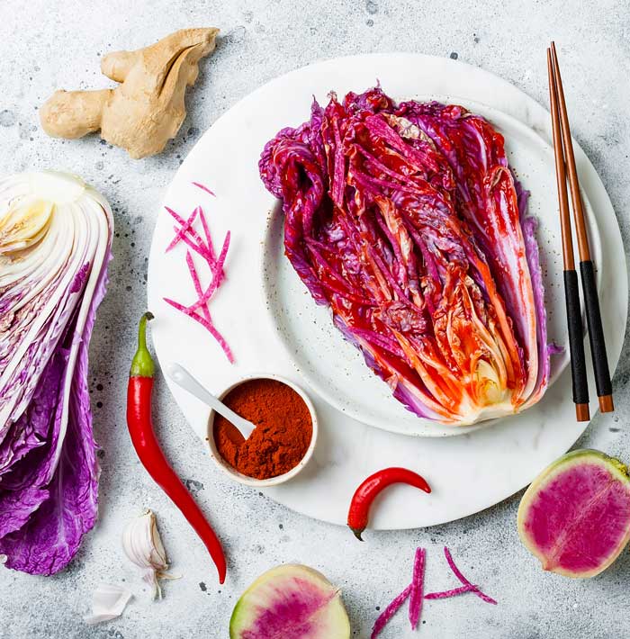 Whole foods like this anthocyanin-rich napa are great building blocks for kimchi, which is amazing for your gut health. 