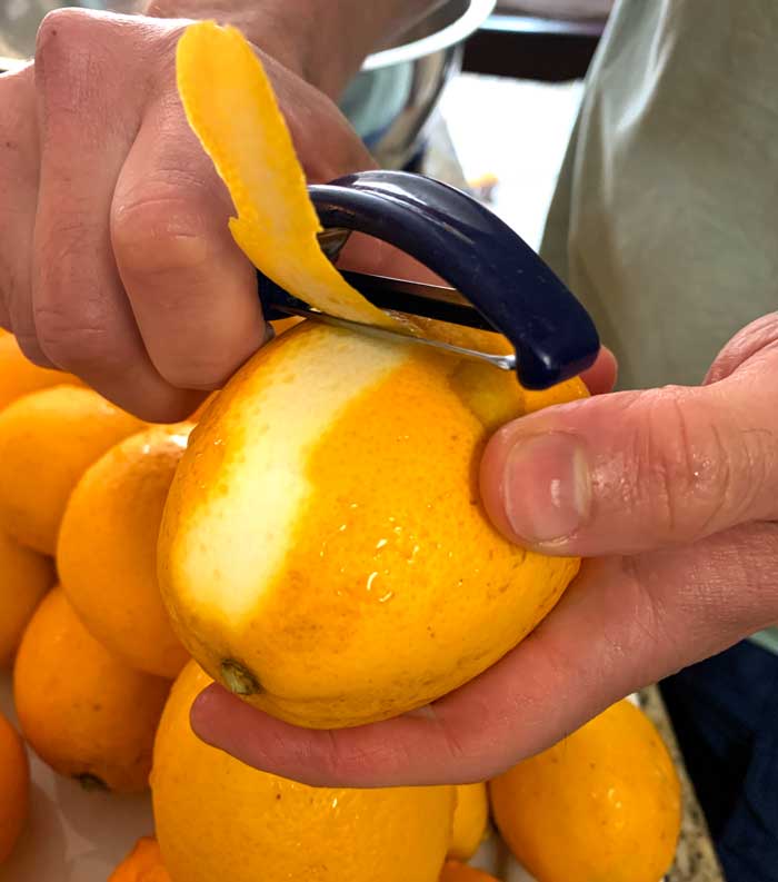 Peel off the topmost layer of skin on your Meyer lemons rather than throwing them away. They have tons of culinary applications.