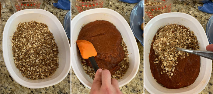 Final prep, step-by-step. 1. Place half the crumble (about 1 cup) evenly in the bottom of your buttered baking pan. 2. Put fig mixture over top of crumble, then spread evenly with a spatula. 3. Put remaining crumble evenly over top, and lightly tamp down with spoon or spatula