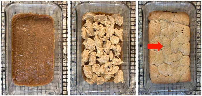 A process photo showing the fig preserves going on top of the base layer, then the dollops of badder going on top of the fig layer. The final photo on the right shows what your fig nibbler will look like BEFORE you cover it with foil and bake it for another 5-10 minutes to make sure the center is cooked all the way through while preventing the top from getting too browned.