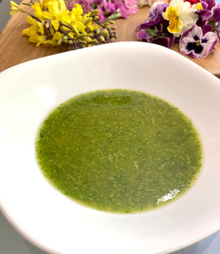 Eastern hemlock bud-honey dressing. This dressing would also make an excellent dip for your edible flowers.