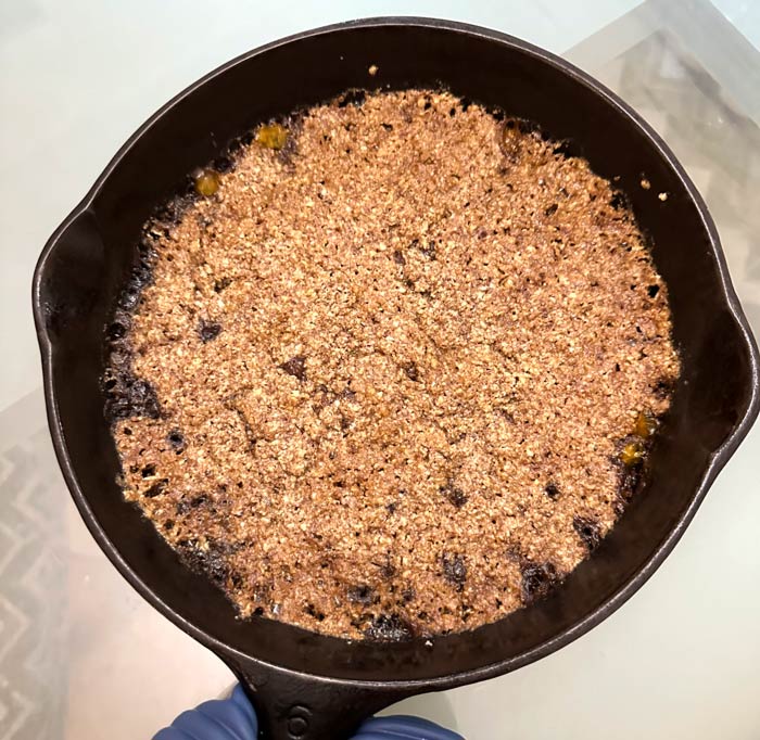 45 minutes later and we're done (lightly browned edges and center cooked through)! Bake times may vary by oven, pan size and type, or quantity of ground cherries used.