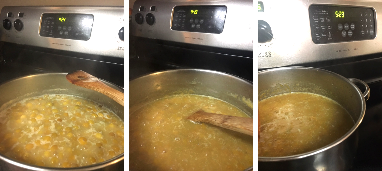 In these three chronologically ordered photos, you can see how much the pot of ground cherries reduced over the course of an hour. We moved the pot to a small burner at the end to make room for a large part where we boiled/sanitized our canning jars. Ground cherry preserves recipe.