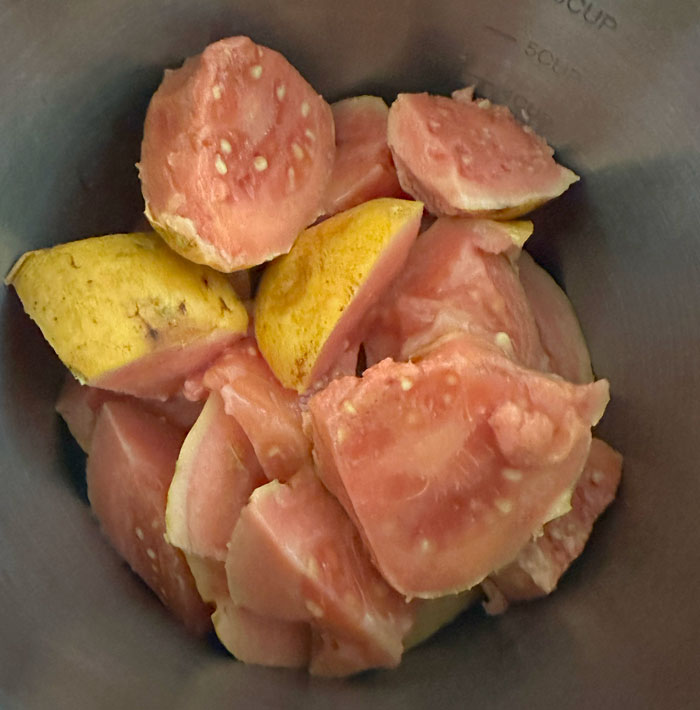 Use very ripe, slightly softened guava fruit to get the most flavorful results. This variety is Ruby Supreme; most guava fruit is white.