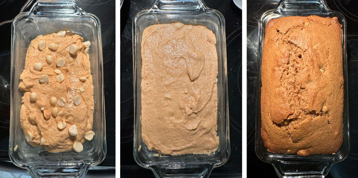 Left: The remaining macadamia nuts are sprinkled on top of the batter that has been added to the loaf pan. Center: Remaining batter added on top of macadamia nuts, then smoothed out with a spatula. Right: Guava quick bread fresh out of the oven and ready to cool! 