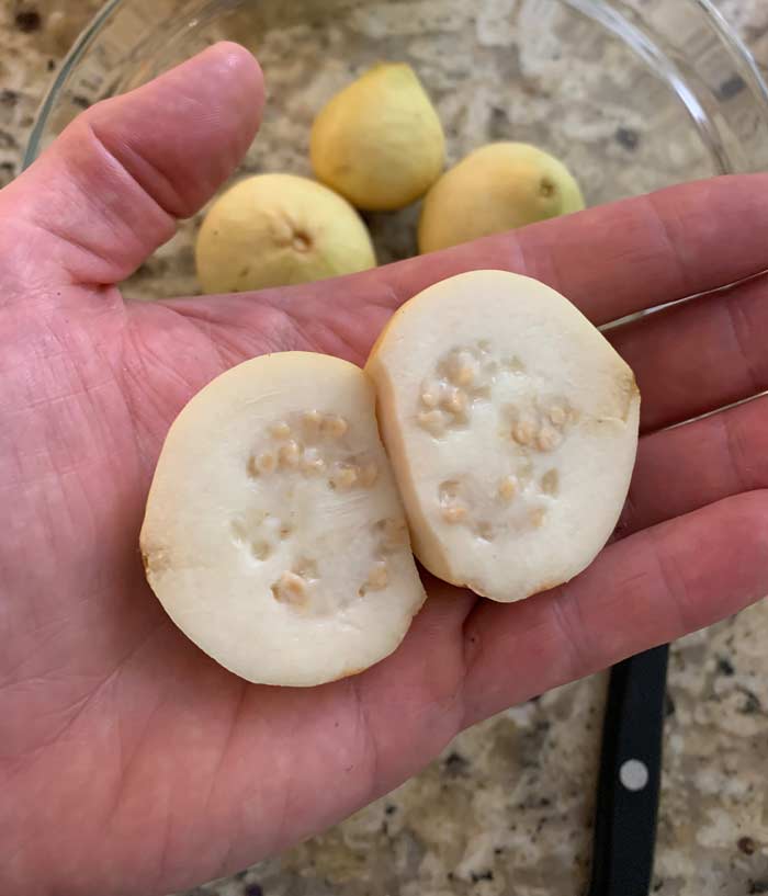 A cross section of one of our Peruvian white guavas. You can see the center of the fruit, which contains lots of small, hard seeds.