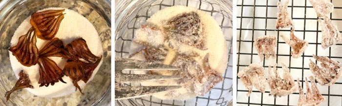 You don't need a dehydrator or spice grinder to turn your strained hibiscus roselles into candied roselles.