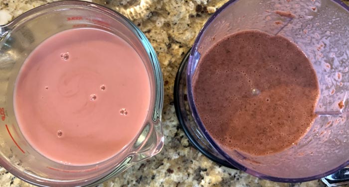 Left: Base hibiscus tea-coconut sauce with roselles strained out. Right: Strained roselles pureed with 1/2 cup of base sauce to make a darker, tangier sauce.