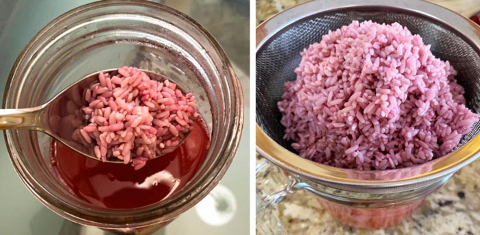 Our Carolina Gold rice soaked for 11.5 hours and had a nice pink hue to it when we strained it.