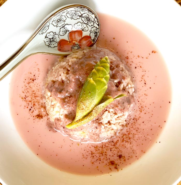 Perfection! Hibiscus roselle coconut rice dessert plated and ready to eat!