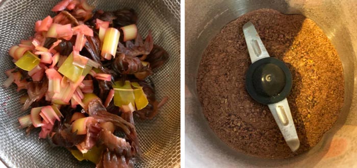 Yes, you can simply compost or discard your strained hibiscus tea ingredients. However, if you have the tools, another option is to dehydrate then pulverize them into a powder with a spice grinder. The flavorful pink-red spice makes an excellent garnish on this dish!