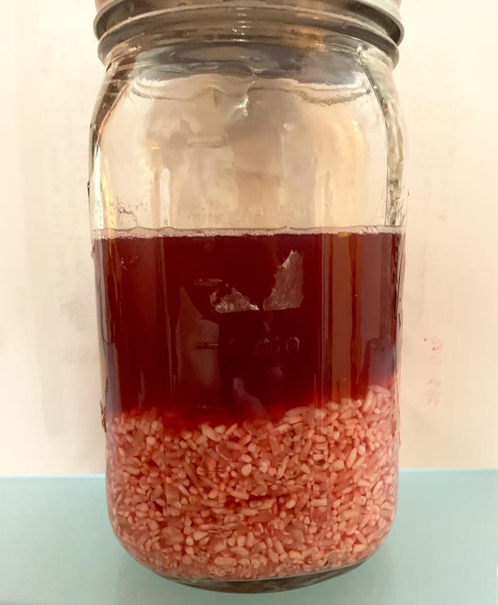 Carolina Gold rice soaking in hibiscus roselle spiced tea.