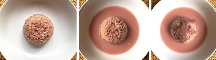 Left: Portion of rice flipped into center of bowl. Center: Base hibiscus-coconut sauce poured around the rice. Right: Second, darker sauce drizzled on top of rice.