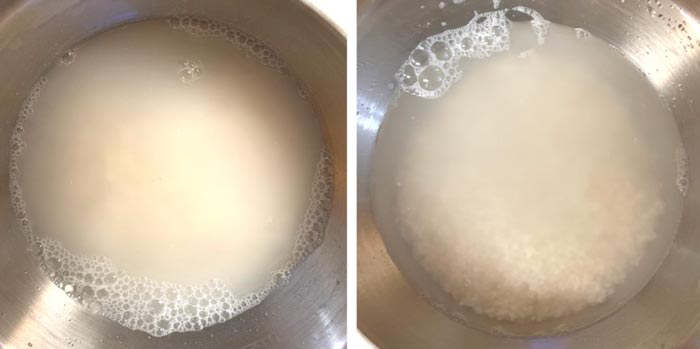Left: Rice water on first rinse. Right: Rice water on fourth rinse.