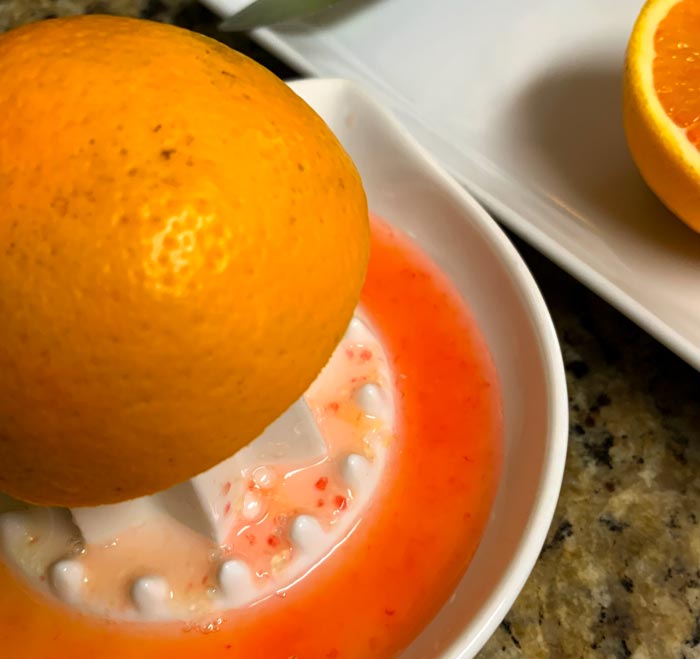 Early blood oranges produce juice that's delicious but not quite as red as it will be in a few more weeks.