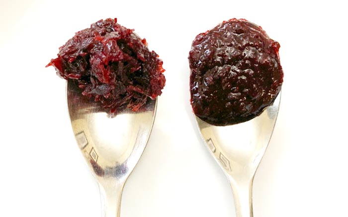 Left: Chunky hibiscus relish made from roselles broken into smaller pieces. Right: Smoother hibiscus relish made from roselle powder. Our personal preference is for the chunkier version.