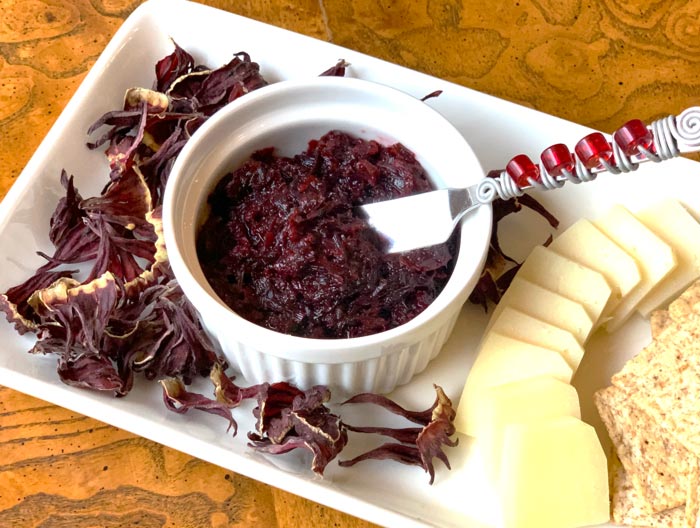 Hibiscus relish or chutney? This recipe is quite versatile and can even be used as topping on cheese and crackers!