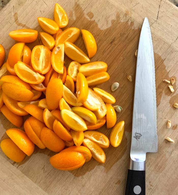 Quarter your kumquats when making this recipe!