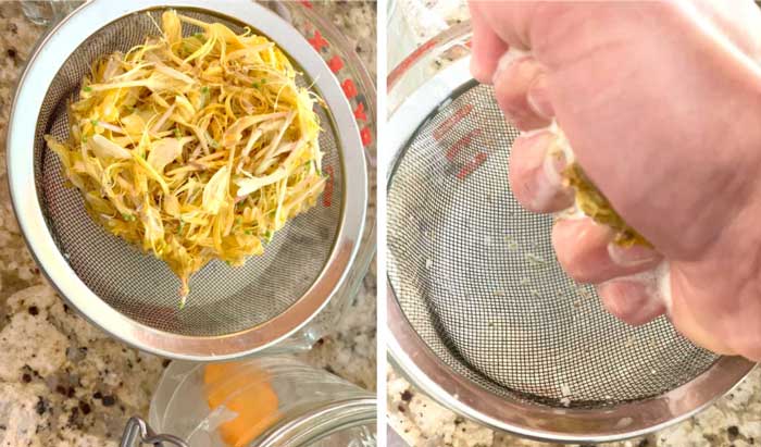 Strain the honeysuckle flowers, then give them a firm squeeze. Give the infused dairy one more straining through a fine mesh strainer before chilling and turning into ice cream. 