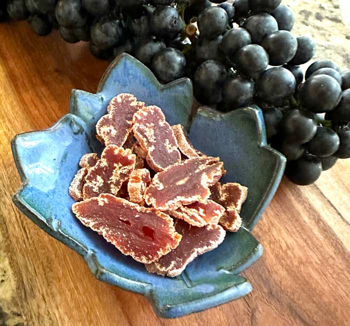 9 month old hoshigaki we served as part of a charcuterie plate. This hoshigaki was stored in Stasher bags at room temperature. Compared to young hoshigaki, it has a more pronounced bloom and is also a bit tougher in texture due to moisture loss. However, sliced thin, it's beautiful and delicious.