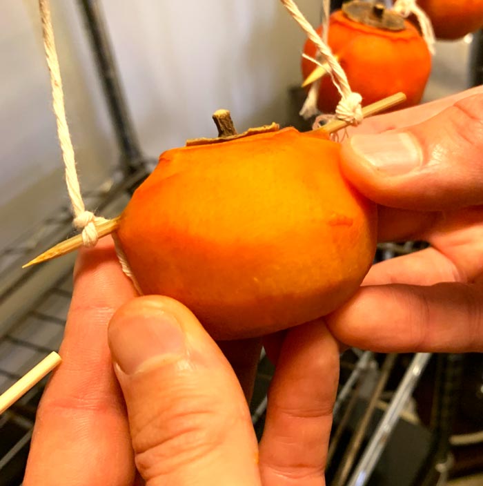 Hold the persimmon in both hands and massage between your index fingers and thumbs. The longer the hoshigaki ages, the more firmly you can massage the fruit.