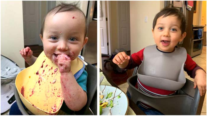 What a difference a year makes! One-year old (left) vs two-year old (right) Sebastian after finishing a meal. It's good to look back at old pictures and videos to note how much gradual improvements add up. Tips for how NOT to raise a picky eater.