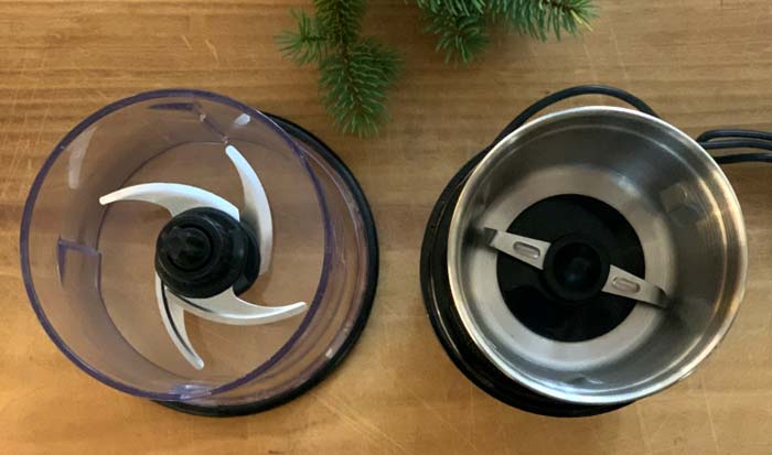 A small multi-bladed Ninja got us started on our edible Christmas tree journey. However, we much prefer (and recommend) using a spice grinder for recipes where whole needles are utilized.