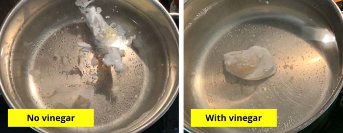 Side by side comparison of poaching eggs without or with vinegar, with all other factors the same. On the left, you can see how the albumen/whites form wisps in the water without vinegar. On the right, you can see how the egg holds together in the water with vinegar. 