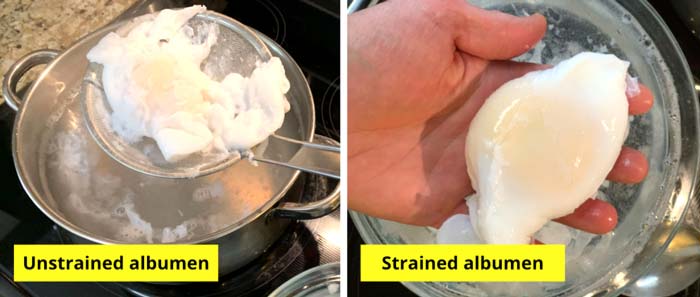 Left: Poached goose eggs with unstrained albumen. (You could trim this up with kitchen scissors or a knife to make it more attractive.) Right: poached goose egg with strained albumen.