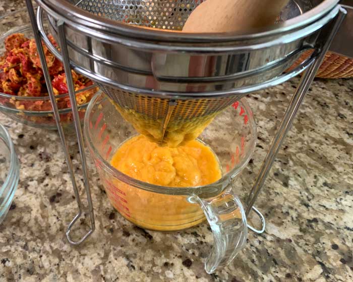 Running kousa dogwood pulp through a Chinois strainer to remove the seeds (after removing the skins).