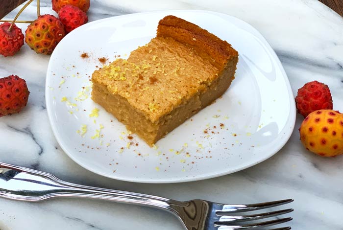 Kousa dogwood pudding cake is great served with a dusting of lemon zest and grated nutmeg.