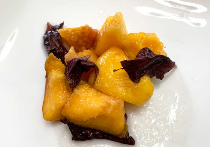 Lacto-fermented peaches, purple basil, and honey - so delicious!