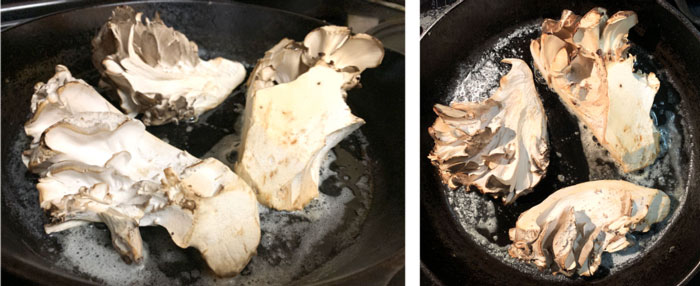 Side and top views of the maitake chunks as they're placed in the cast iron pan.