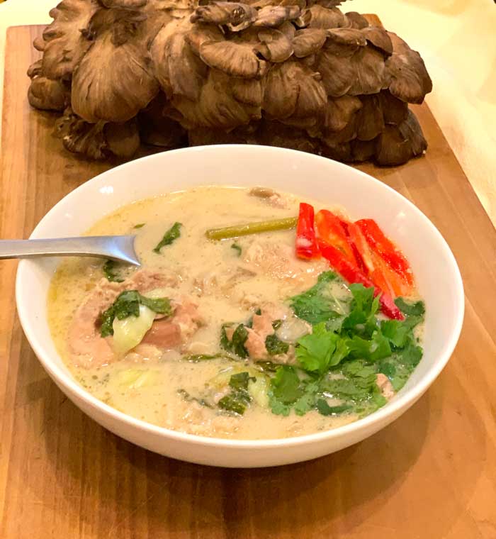 Our maitake mushroom soup inspired by Thai tom kha gai. 