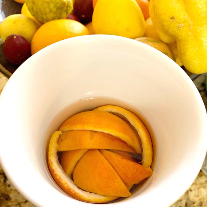 Blood orange skin tea? Just pour near-boiling water over your orange skins and let them steep for about 5 minutes. Sweeten with a touch of stevia or honey if desired. The flavor is wonderful and you can usually get a few cups of tea out of the same skins before you add them to compost.