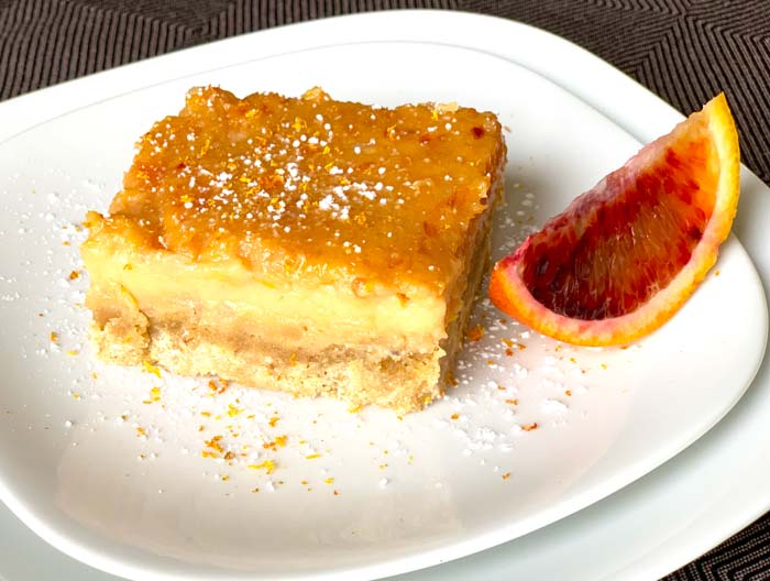 The perfect dessert recipe for sweet-tangy ripe 'Moro' blood oranges: blood orange bars with sage brown butter shortbread crust.