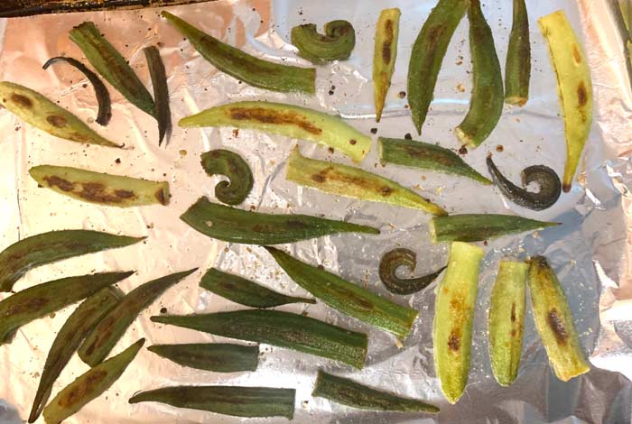 Oven-baked okra finished to our liking. If you prefer a crispier, more browned okra, cook each side for a couple of extra minutes OR turn your oven higher when starting.