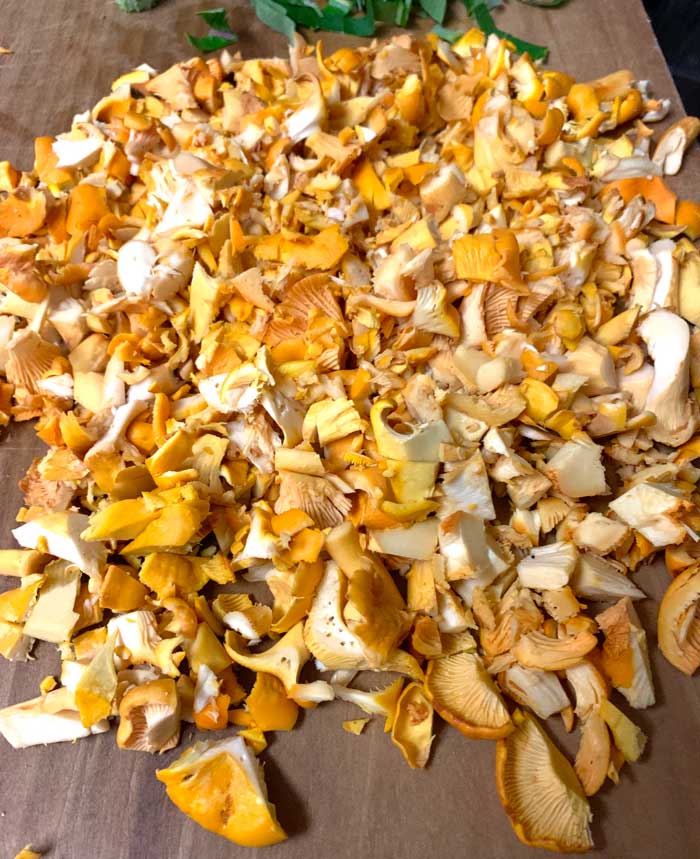 Chopped chanterelle mushrooms ready for the cast iron pan.