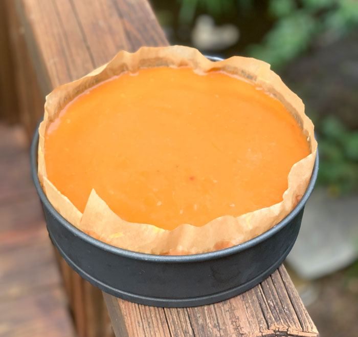 This is what the pawpaw cheesecake looks like after setting overnight in our fridge. 