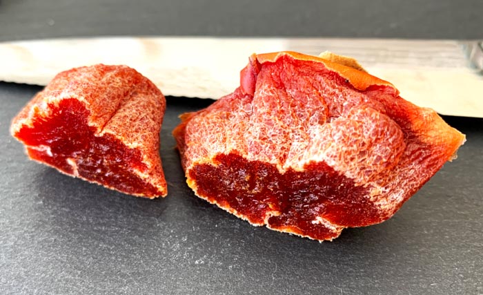 Hoshigaki made from our non-astringent Ichi Ki Kei Jiro persimmons. Hoshigaki is typically made from astringent Asian persimmon varieties, namely Hachiya. 