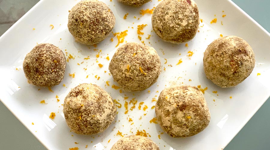 Maple-sweetened persimmon balls with blood orange & toasted pecans thumbnail