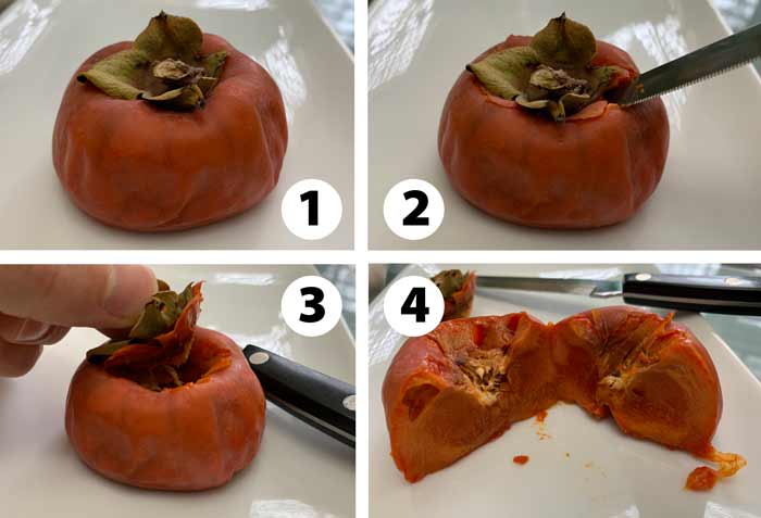 Images showing you how to extract the pulp (and leave the skin) from an overripe Japanese persimmon. Cut the top off like a jack-o-lantern, then scoop or squeeze out the pulp.