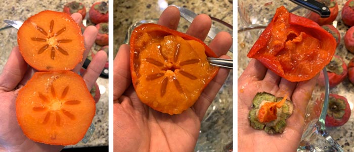 Cut each persimmon in half and remove the pulp with a spoon.