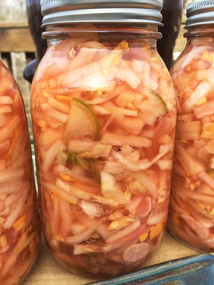 Jars of lacto-fermented pickled daikon radishes ready for storage in the fridge.