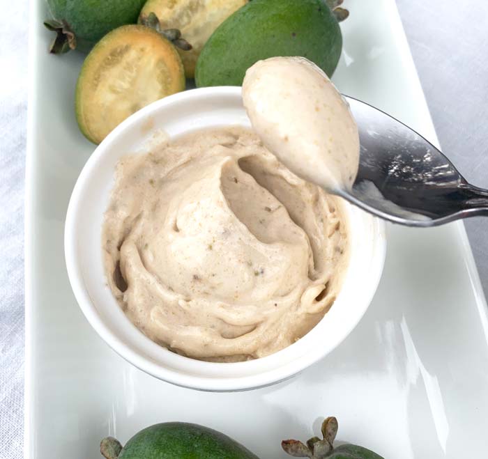 Pineapple guava ice cream / feijoa ice cream made in a blender with no added sugar.