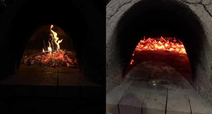 Left: The fire and coal pile inside the cob oven BEFORE we started cooking. Right: The interior oven now ready to cook. I used a metal hoe to scrape the coals to the back and outside walls, clearing off the cooking surface. To clean off the residual ash on the cooking surface, you can either use a clean, damp mop or (what I prefer) a very quick sweep of the surface with a thick oven mitt.