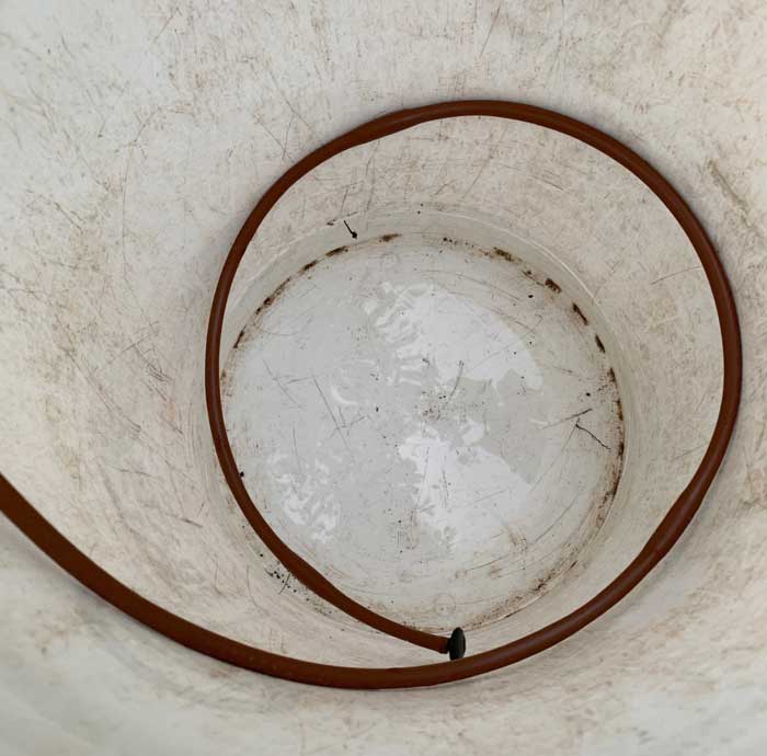 Testing our drip irrigation system using an advanced technology: a 5 gallon bucket. 15 minutes of drip irrigation = 6 cups of water per pot in our system.