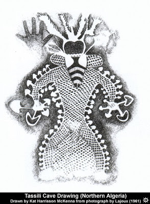 A rendering of ancient cave art depicting the "Algerian Tassili mushroom shaman," 6,000-9,000 B.C.E. in Tassili - Ajjer (Sahara Desert). Psychedelic mushrooms appear in early human art, monuments, and carvings around the world. Psychedelics