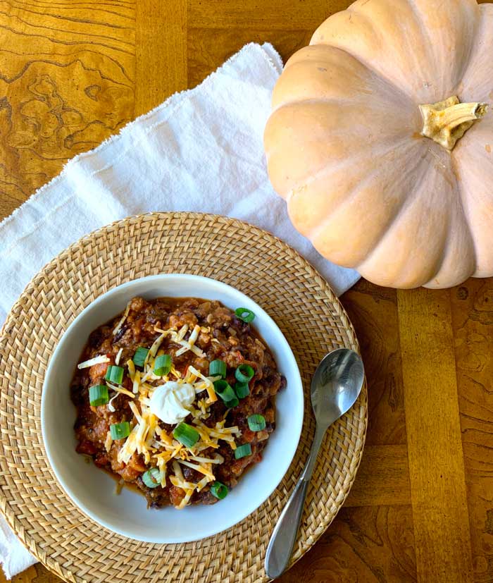 Pumpkin chili: perfect for a cold fall or winter day — or a 95 degree day in September to ward off hurricanes!